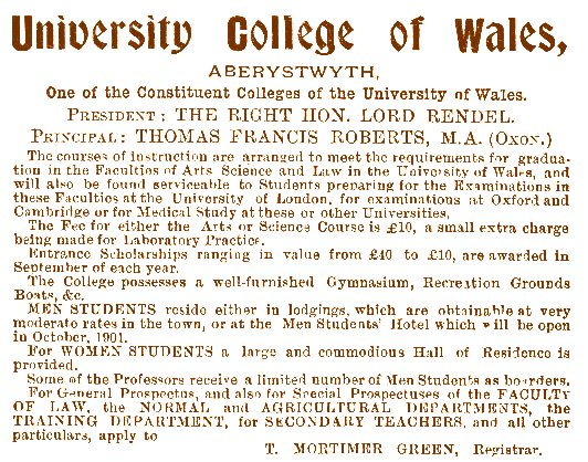 Advert for the University from 1901